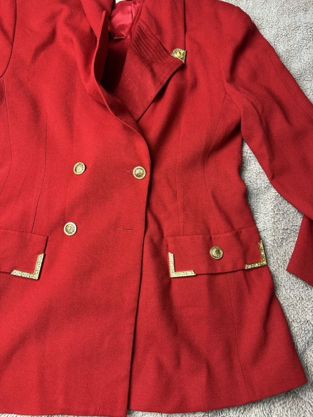 VTG Alberto Makali Red Power Blazer Jacket Gold Greek Key Lion Sunburst Size 14 - Picture 14 of 14